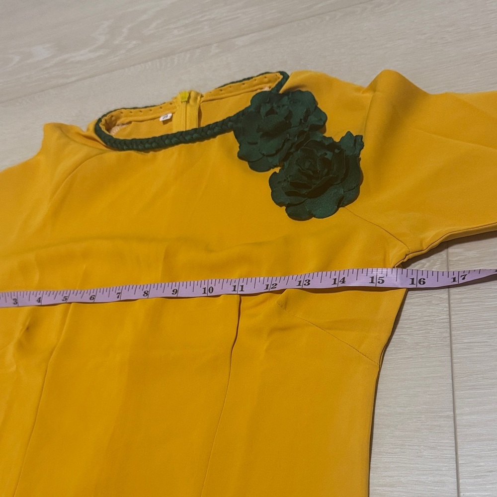 Mustard Ao Dai with Green Floral Accent Set Of 2 Top And Pants - Picture 6 of 9